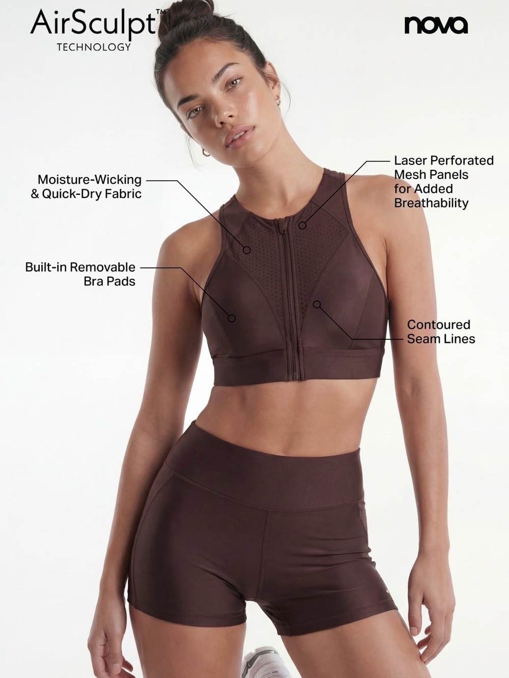 Nova AirSculpt Zip Sports Bra — Brown Never Worn